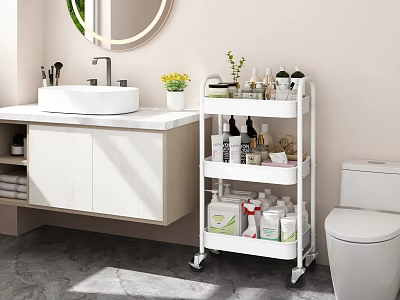White Multi Tier Bathroom Storage Cart With Toiletries And Green Plant In Modern Bathroom 3d model