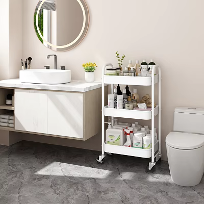 White Multi Tier Bathroom Storage Cart With Toiletries And Green Plant In Modern Bathroom 3d model