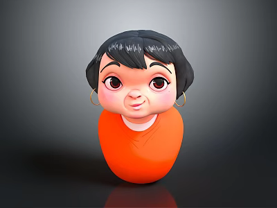 Cute Doll With Black Short Hair Big Eyes Earrings And Orange Egg Shaped Body 3d model