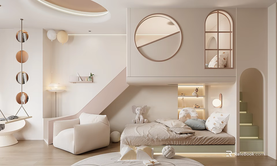 Modern Kids Room Interior With Round Windows Staircase Bunk Bed Plush Toys And Soft Lighting 3d model 
