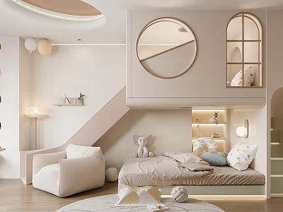 Modern Kids Room Interior With Round Windows Staircase Bunk Bed Plush Toys And Soft Lighting 3d model