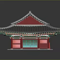 Ancient Architecture With Traditional Tiled Roof Overhanging Eaves Red Pillars And Green Decorations