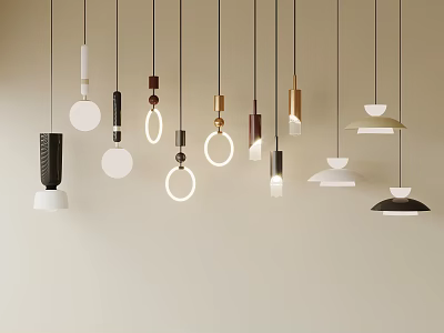 Pendant Lights with Various Designs Hanging on Light Colored Background Wall 3d model