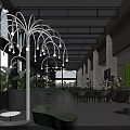 Elegant Modern Restaurant Interior With Open Layout Green Plants Unique Chandeliers And Glass Walls