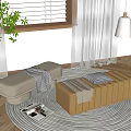 Modern Cream and Beige Ottoman Benches with Striped Details on Round Rug and Throw Blanket