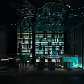 Elegant Private Dining Room Interior With Whale Sculptures Dining Table And Night View 3d model