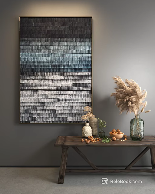 Abstract Painting With Blue Gray Striped Texture On Gray Wall And Wooden Table Decor 3d model 
