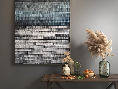 Abstract Painting With Blue Gray Striped Texture On Gray Wall And Wooden Table Decor 3d model