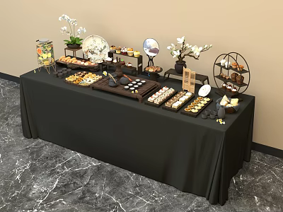 Coffee Break Area With Black Tablecloth Pastries Desserts Orchids And Tiered Stands 3d model