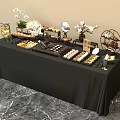 Coffee Break Area With Black Tablecloth Pastries Desserts Orchids And Tiered Stands