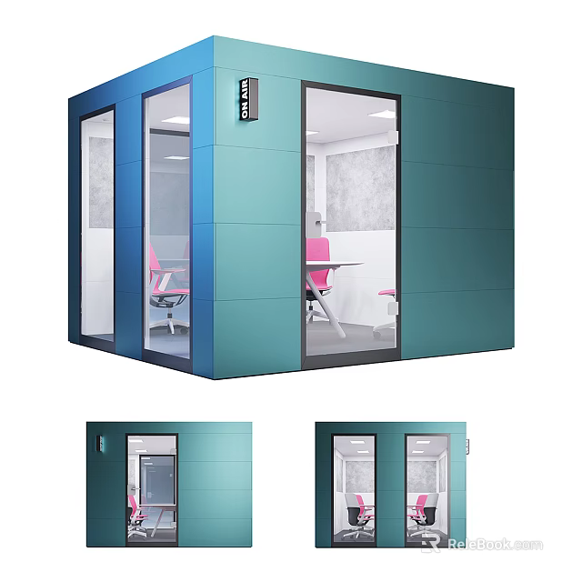Modern Blue Office Pod With Transparent Glass And Pink Chairs Interior 3d model 