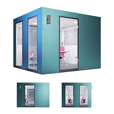 Modern Blue Office Pod With Transparent Glass And Pink Chairs Interior 3d model