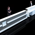 Modern Reception Desks With Staff Featuring Wooden Texture And White Drawers On Sleek Reflective Floor