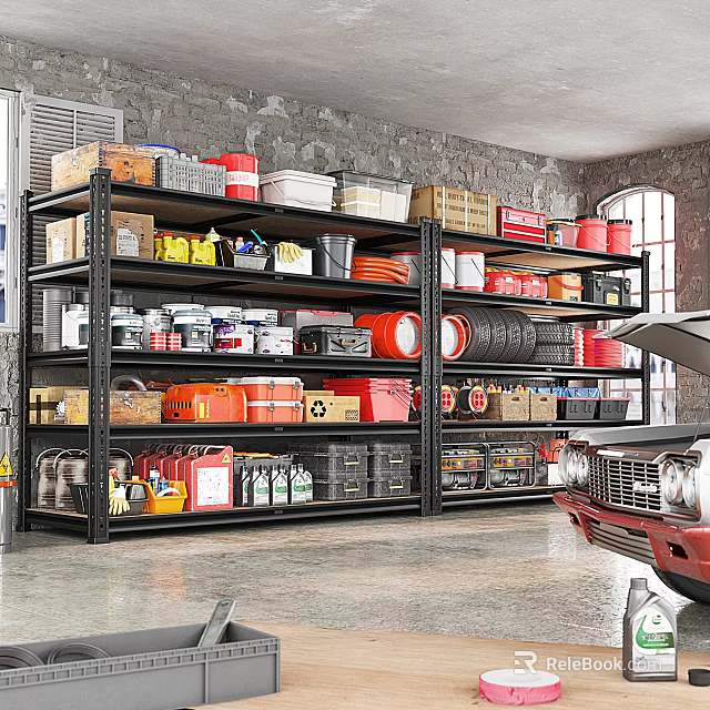 Organized Garage Storage With Shelves Tools Boxes Containers And Red Car 3d model 