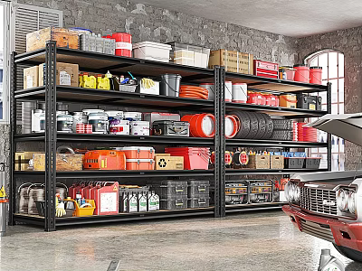 Organized Garage Storage With Shelves Tools Boxes Containers And Red Car 3d model