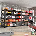 Organized Garage Storage With Shelves Tools Boxes Containers And Red Car