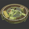 Circular Platform Scene With Gold Bars Equipment Wooden Barrel And Cables