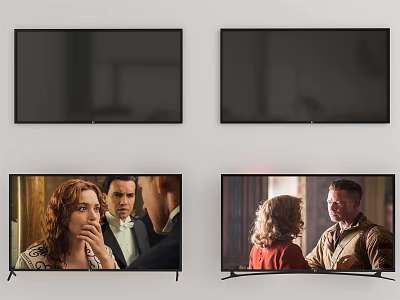 Four TVs Displaying Character Scenes Mounted On Wall And Stand 3d model