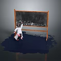 Game Movie Character in White Coat Hat Writing on Blackboard with Blue Liquid Around