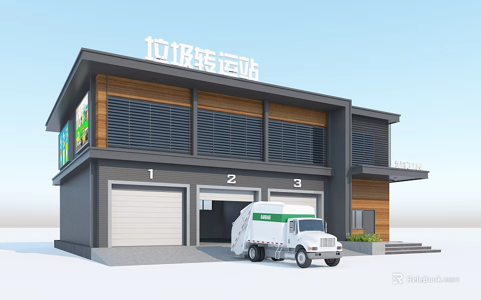 Modern Garbage Transfer Station Building with Three Garage Doors and Garbage Truck Parked Outside 3d model 