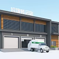 Modern Garbage Transfer Station Building with Three Garage Doors and Garbage Truck Parked Outside