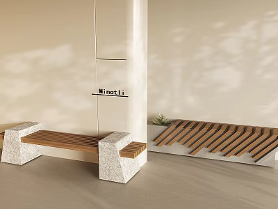 Modern Outdoor Benches With Stone Base Wooden Seat And Slanted Slats Design 3d model