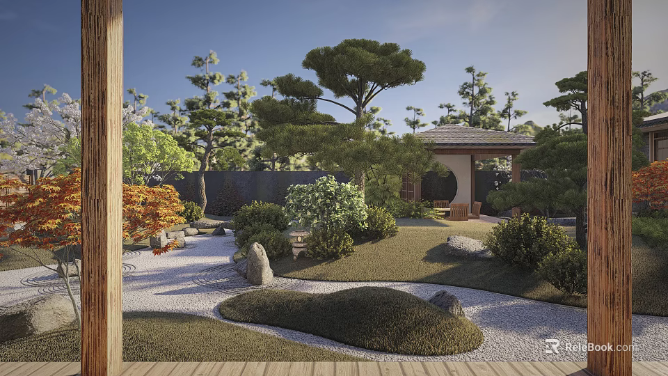 Japanese Style Garden Courtyard With Gazebo Stones Green Plants Gravel Path And Wooden Deck 3d model 