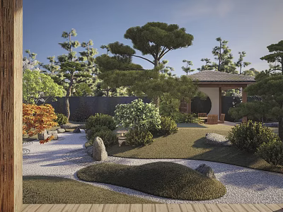 Japanese Style Garden Courtyard With Gazebo Stones Green Plants Gravel Path And Wooden Deck 3d model