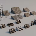 Miscellaneous Wooden Ladders Pallets And Stone Wall Decorative Items Collection 3d model