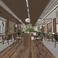 Traditional Teahouse Interior Design With Wooden Ceiling Tables Chairs Lamps And Green Plants