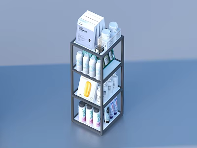 Multi Tiered Metal Shelf Display With Various Perfumes Cosmetics Bottles And Boxes 3d model