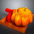 Orange Pumpkin On Wooden Cutting Board With Red Kitchen Tool For Home Use