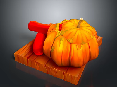 Orange Pumpkin On Wooden Cutting Board With Red Kitchen Tool For Home Use 3d model