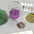 Laboratory Equipment Setup With Flask Beaker Test Tubes Notebook And Magnifying Glass 3d model