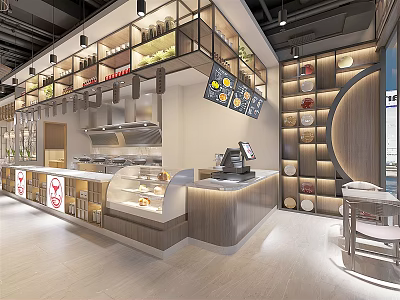 Modern Restaurant Interior Design With Open Counter Glass Display Cases And Menu Screens 3d model