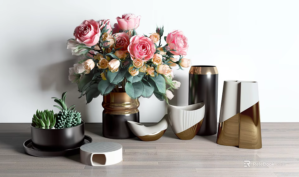 Pink and White Roses in Gold Accent Vase with Decorative Ceramic Pieces and Green Plants 3d model 