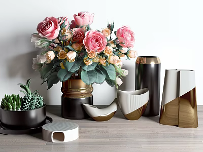 Pink and White Roses in Gold Accent Vase with Decorative Ceramic Pieces and Green Plants 3d model