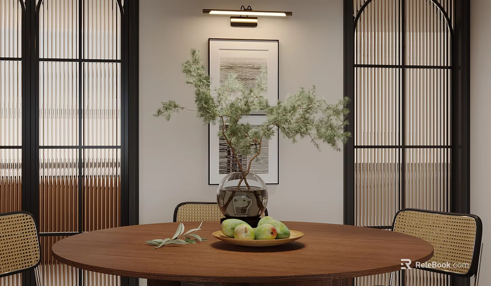 Bonsai Potted Plant in Glass Vase on Wooden Table with Fruit Plate and Indoor Decor 3d model 