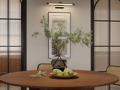 Bonsai Potted Plant in Glass Vase on Wooden Table with Fruit Plate and Indoor Decor 3d model