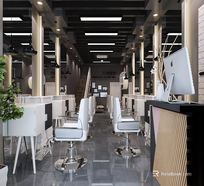 Modern Beauty and Hair Salon Interior With Stylish Chairs Mirrors and Workstations 3d model 