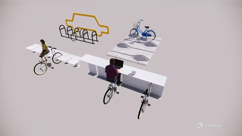 Bicycle Parking Area With Blue Bicycle Rack And People Resting On Bench 3d model 