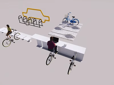 Bicycle Parking Area With Blue Bicycle Rack And People Resting On Bench 3d model