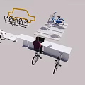 Bicycle Parking Area With Blue Bicycle Rack And People Resting On Bench