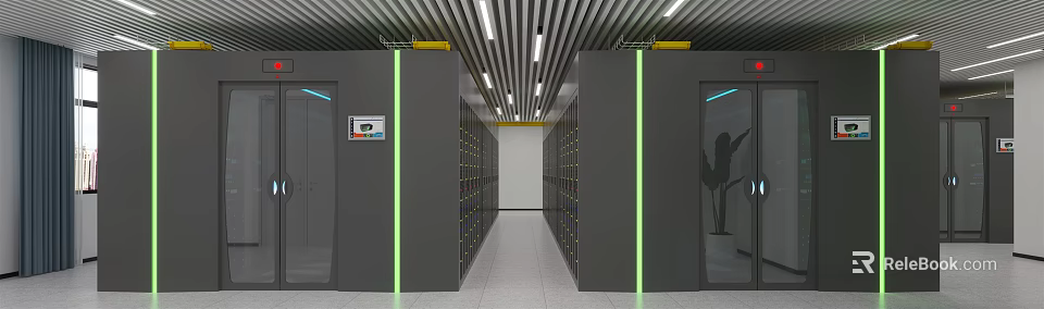 Data Center Corridor With Rows Of Server Racks Green Strips And Ceiling Lights 3d model