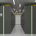 Data Center Corridor With Rows Of Server Racks Green Strips And Ceiling Lights 3d model
