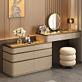 Elegant Dressing Table with Round Mirror Lamp Flower Vase Stool and Painting on Wooden Wall