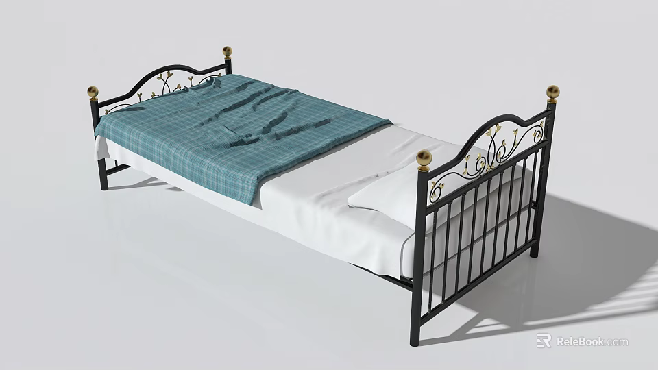 Single Bed with Black Metal Frame Gold Accents Blue White Checkered Blanket and White Sheets 3d model 