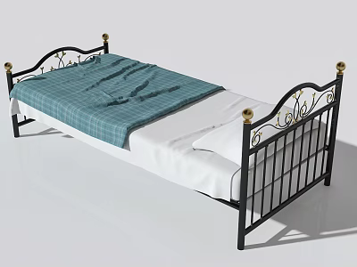 Single Bed with Black Metal Frame Gold Accents Blue White Checkered Blanket and White Sheets 3d model