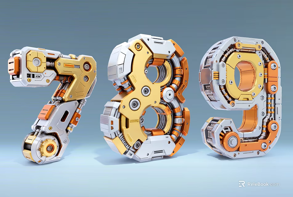 3D Numeric Characters 7 8 9 Mechanical Design With Intricate Gears And Metallic Components 3d model 