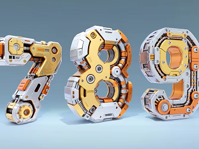 3D Numeric Characters 7 8 9 Mechanical Design With Intricate Gears And Metallic Components 3d model